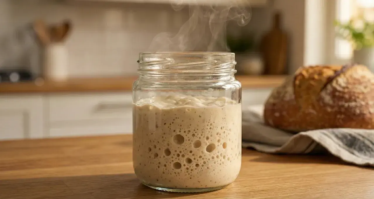 Blubbernder Sauerteig im Glas, der nach Essig riecht, dampft leicht. Daneben liegt ein frisch gebackenes Brot.