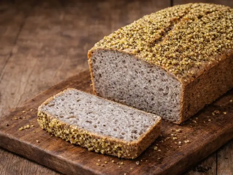 Ein rustikales Buchweizenbrot mit einer Scheibe auf einem Holzbrett. Die Kruste ist mit Buchweizenkörnern bestreut.